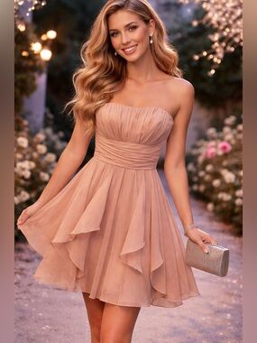 David’s Bridal Strapless Chiffon Dress Sz 10 Latte Brown Tan Style F14169 Prom